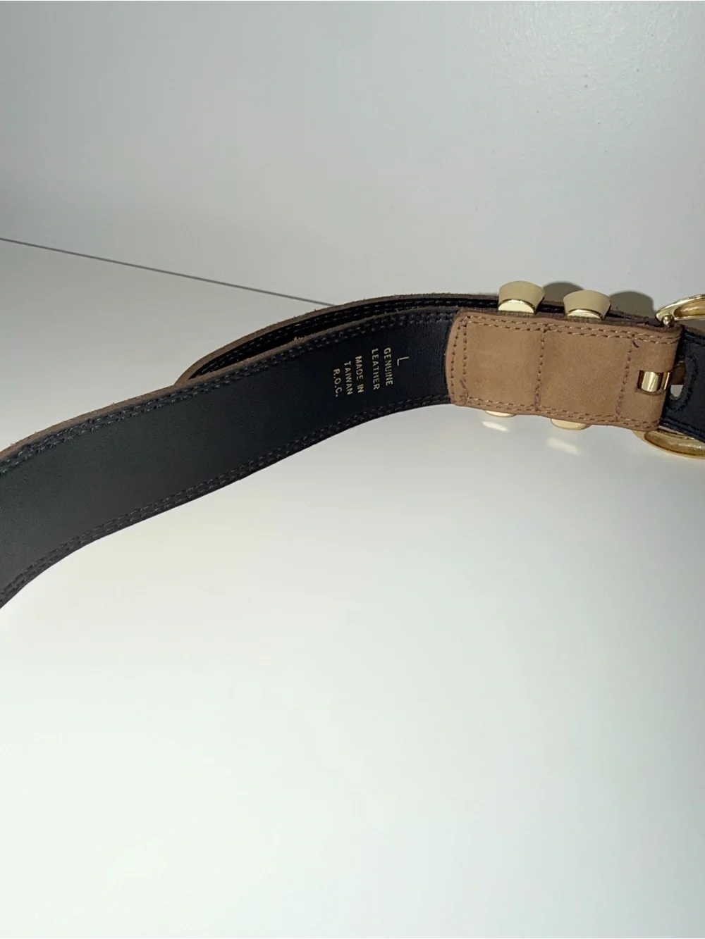 Vtg Express Tan Genuine Leather Suede Waist Belt With Hammered Gold Buckle, Sz L